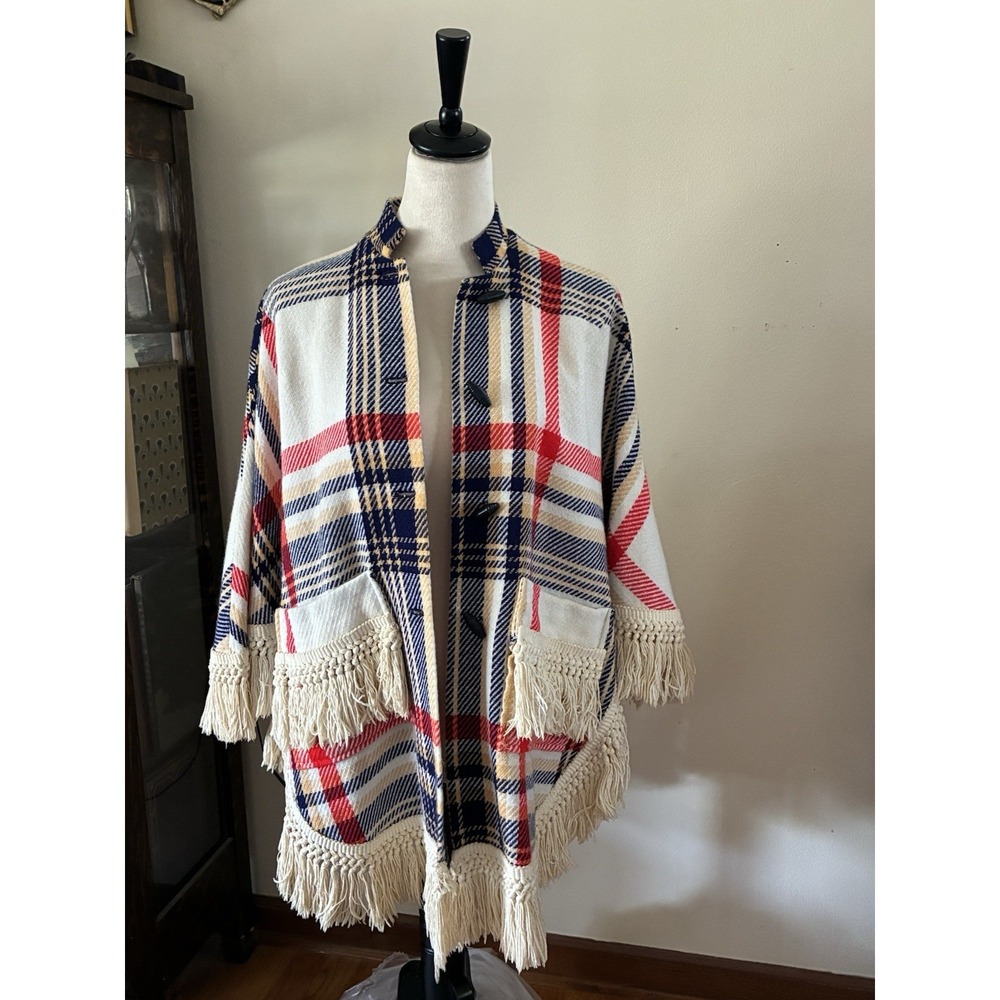 1960s Midcentury Tartan Plaid Fringed Wool Poncho Cape